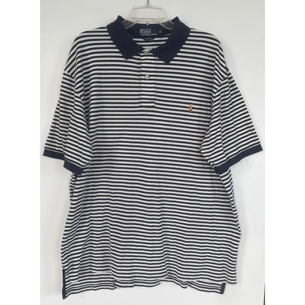 Polo Ralph Lauren Mens XLT Tall Navy White Striped Pima Cotton Polo Shirt  New